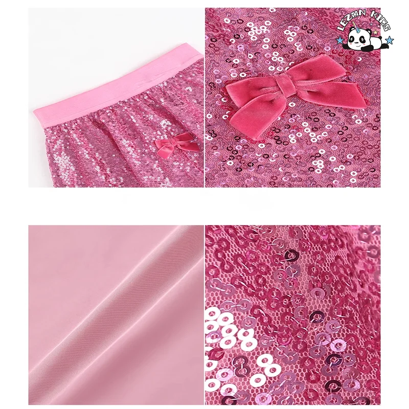 LEZONKIDS - Saia de tecido personalizável com lantejoulas no estilo A-line com laço Saia macia para meninas Saias de lantejoulas para crianças